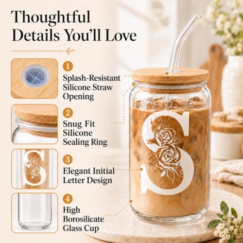 Personalized Cups, Custom Initial Tumbler, Cute Glass Tumbler, 16 oz Iced Coffee Cup, Personalized Gifts for Women, Letter Q Cup with Bamboo Lid and Glass Straw, Cute Coffee Drinkware - style: Q