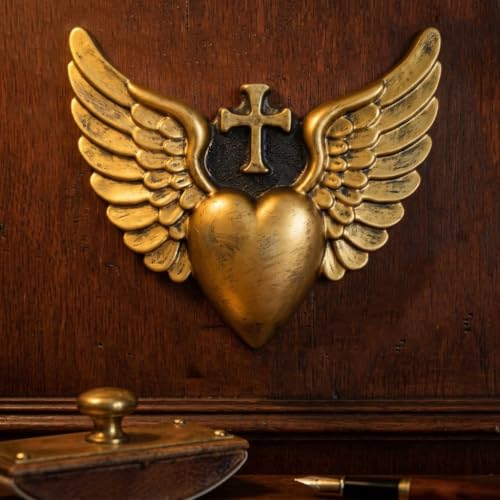 Nuacemi 7.28 Inch Decorative Angel Wings Heart Hanging Wall Art Decor Sculpture Plaque with Cross, Ideal Home Decor for Indoor Display, Bedroom, Church Prayer Room, Religious Guardian Angel Memorial and Housewarming Gift (golden) - color: golden
