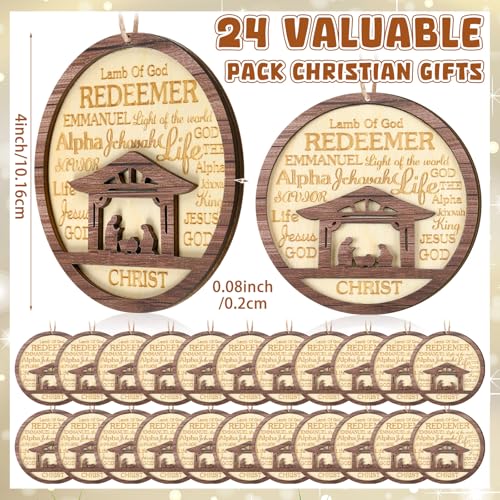 CroBlissful 24 Pack Christmas Nativity Scene Ornaments Bulk Wooden Christian Religious Catholic Gifts Nativity Story Jesus Mary Joseph Set Acrylic 3D Christmas Tree Decor Xmas Gifts (4 Inch) - size: 4 Inch