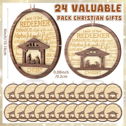 CroBlissful 24 Pack Christmas Nativity Scene Ornaments Bulk Wooden Christian Religious Catholic Gifts Nativity Story Jesus Mary Joseph Set Acrylic 3D Christmas Tree Decor Xmas Gifts (4 Inch) - size: 4 Inch