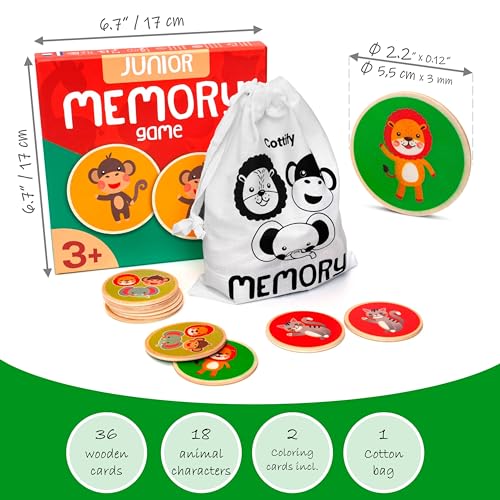 Montessori-Inspired Wooden Matching Game for Toddlers 2-4 Years - Durable, Scratch-Resistant 36 Card Set, Includes Carry Bag - Memory Game for Toddlers 2-4 Years - Cognitive Verbal Skills Development - size: Animals 36 cards