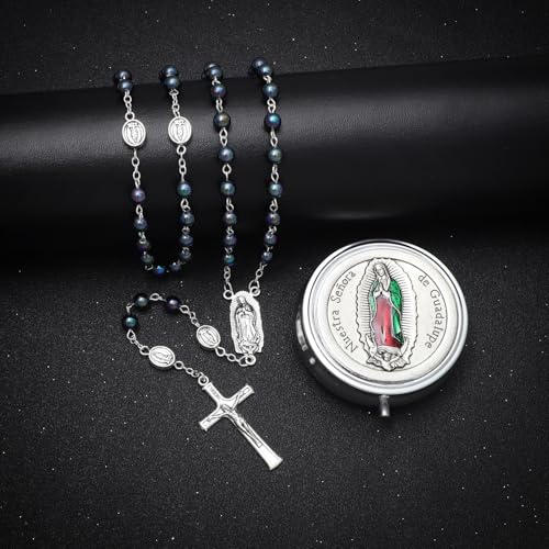 KOMI 6mm Glass Pearl Rosary Beads Catholic for Women with Metal Rosary Box Religious Gifts - style: Guadalupe-black