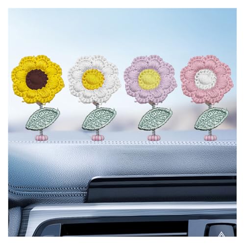 4PCS Handmade Crochet Sunflower Car Dashboard Decorations, Cute Shaking Head Car Ornament Present for Women Girl, Universal Automotive Interior Accessories for Cars/SUVs/Trucks(White) - color: White