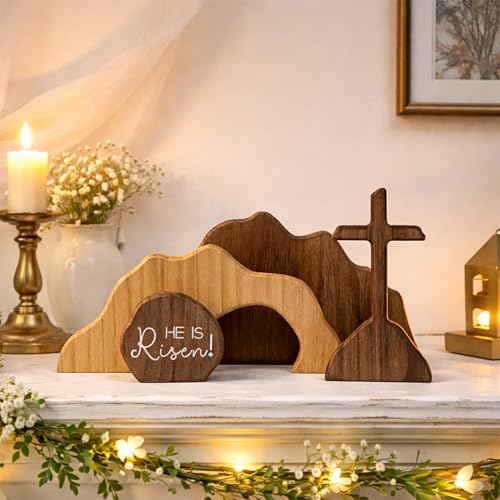 Christian Easter He is Risen Decor, Empty Tomb Cross Easter Decoration for Home, Easter Wooden Resurrection Scene Set Table Mantel Office Kitchen Decor Gift (Brown-4pcs)
