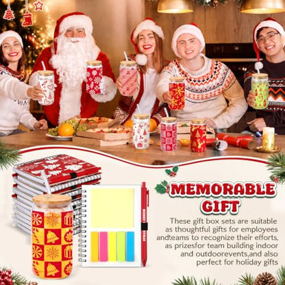 Skylety 12 Set Christmas Bulk 16 oz Red Glass Cups with Lids Straws Xmas Notebook Sticky Note Pens for Employee Appreciation Women Students School Office Holiday Party Favors - style: Red Christmas