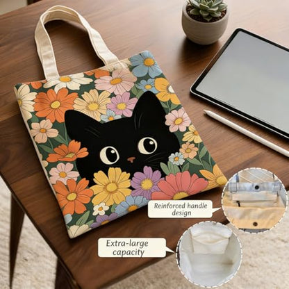 Canvas Tote Bags Reusable Shopping Bag for Women with Zippered Inner Pocket Magnetic Snap Closure - color: Black Cat 2