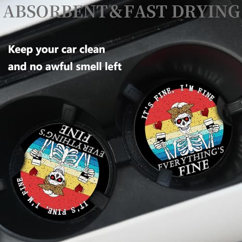 Funny Skull with Coffee Cup Holders Car Coasters Set for Women/Men,Absorbent Cup Car Holders, 2 Pack Universal Neoprene Coasters with A Finger Notch - color: Funny Skull With Coffee