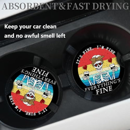 Funny Skull with Coffee Cup Holders Car Coasters Set for Women/Men,Absorbent Cup Car Holders, 2 Pack Universal Neoprene Coasters with A Finger Notch - color: Funny Skull With Coffee