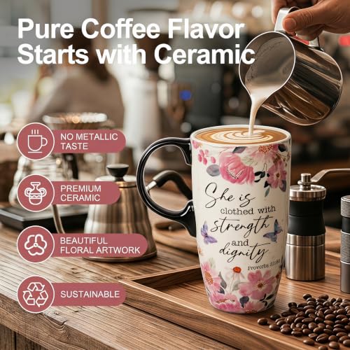 Topadorn 17oz Ceramic Travel Mug with Lid, Inspirational Floral Coffee Mug - color: Pink Floral