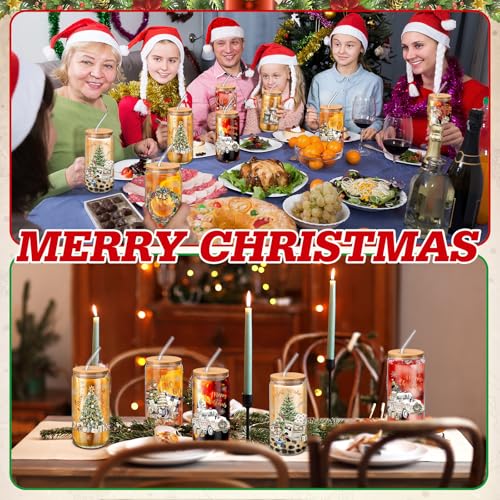 Teenyyou 12 Set of Christmas Glasses with Bamboo Lid and Glass Straw 16 oz Christmas Drinking Cup Beer Iced Coffee Cup Xmas Tumbler Mugs for Women Men Holiday Party Office Gifts - style: Christmas
