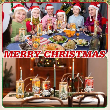 Teenyyou 12 Set of Christmas Glasses with Bamboo Lid and Glass Straw 16 oz Christmas Drinking Cup Beer Iced Coffee Cup Xmas Tumbler Mugs for Women Men Holiday Party Office Gifts - style: Christmas