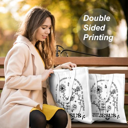 VICBOU Bible Verse Canvas Tote Bag Religious Christian Gifts for Women Men Faith Canvas Tote Reusable Grocery Bag - color: Therewasjesus