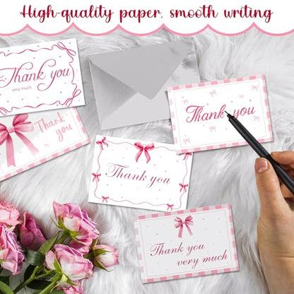 60 Pieces Pink Bow Thank You Cards with Envelopes Coquette Theme Thank You Cards with Bow Stickers for Wedding Bridal Baby Shower Birthday Party - color: Pink Bow