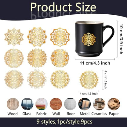 9Pcs Golden Self Adhesive Stickers 4cmx4cm Flower Metal Decal Mandala Waterproof Decorate Sticker for Scrapbooks DIY Resin Crafts Phone Water Bottle Decoration - style: mandala