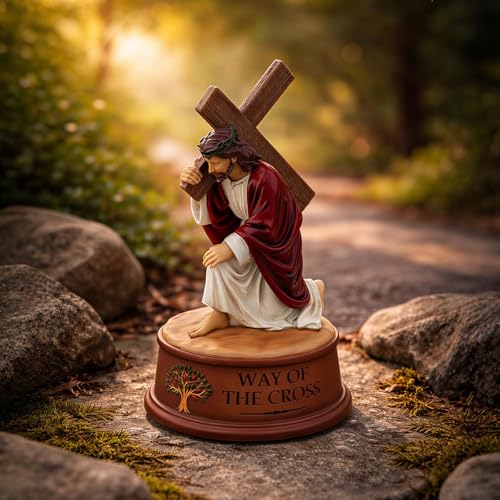 Way of The Cross Jesus Figurine Music Box,Christian Religious Collectible Statue Playing How Great Thou Art,Hand-Painted Jesus Carrying Cross Figurine,Faith Based Prayer Corner Decor,Lent Easter Gift