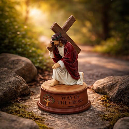 Way of The Cross Jesus Figurine Music Box,Christian Religious Collectible Statue Playing How Great Thou Art,Hand-Painted Jesus Carrying Cross Figurine,Faith Based Prayer Corner Decor,Lent Easter Gift