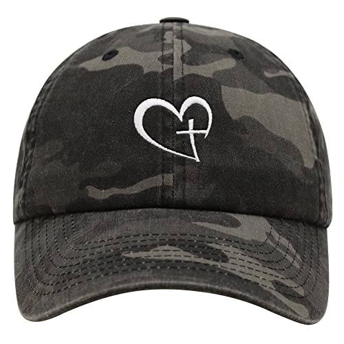 JPAK Heart and Cross Premium Dad Hat Embroidered Cotton Baseball Cap Christian Faith - color: Black Camo
