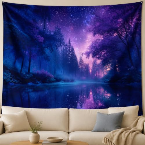 Purple Galaxy Forest Lake Tapestry, Dreamy Night Sky Decor, 60 x 50 Inches - color: Deep Purple/Indigo