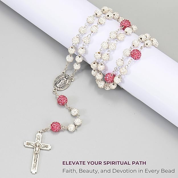 Nazareth Store Rhinestones Crystal Beads Rosary, Catholic Rosary Necklace with Silver Miraculous Medal INRI Crucifix, Multicolor Rosaries in a Gift Case - color: White with Pink Beads