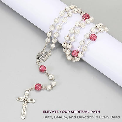 Nazareth Store Rhinestones Crystal Beads Rosary, Catholic Rosary Necklace with Silver Miraculous Medal INRI Crucifix, Multicolor Rosaries in a Gift Case - color: White with Pink Beads