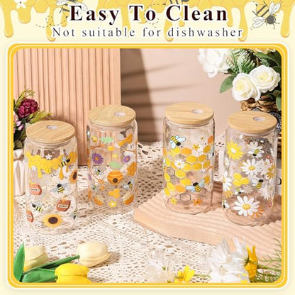 Mumufy 4 Pack Honey Bee Floral Glass Cup, 16 oz Tumbler Mug with Bamboo Lid - style: Honey Bee Floral