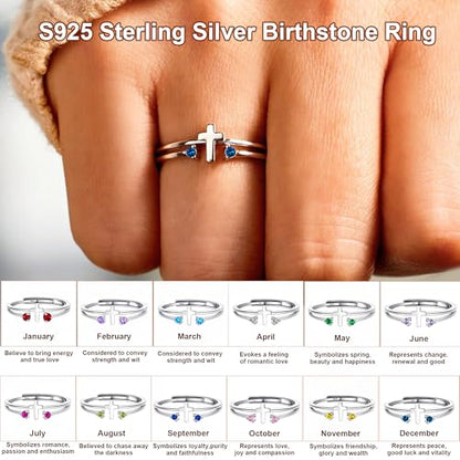S925 Sterling Silver Cross Rings Birthstone Rings Christian Jewelry for Women Daughter, Easter Gifts, Confirmation and Baptism Gifts - color: 12-Dec