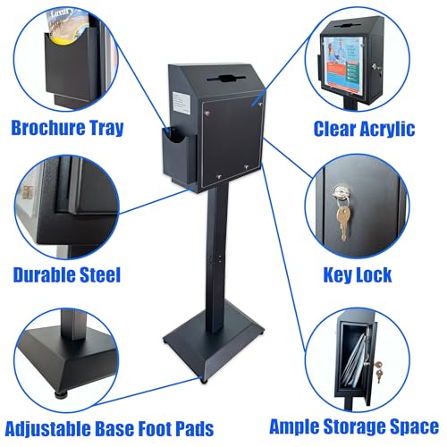 Floor Standing Metal Suggestion Box with Lock & Display Holder - color: Matte Black