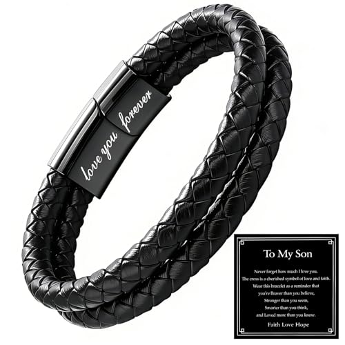 Christian Bracelet for Men, Bible Verse Leather Cross Gift for Men - color: A-To My Son-You Are Never Alone-Love You Forever