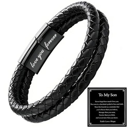 Christian Bracelet for Men, Bible Verse Leather Cross Gift for Men - color: A-To My Son-You Are Never Alone-Love You Forever