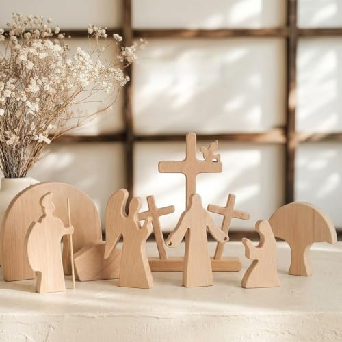 8-Piece Tabletop Religious Decor - Christian Home Decor Figurines, Minimalist Jesus Cross Centerpiece - Natural Wood