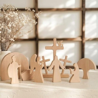 8-Piece Tabletop Religious Decor - Christian Home Decor Figurines, Minimalist Jesus Cross Centerpiece - Natural Wood