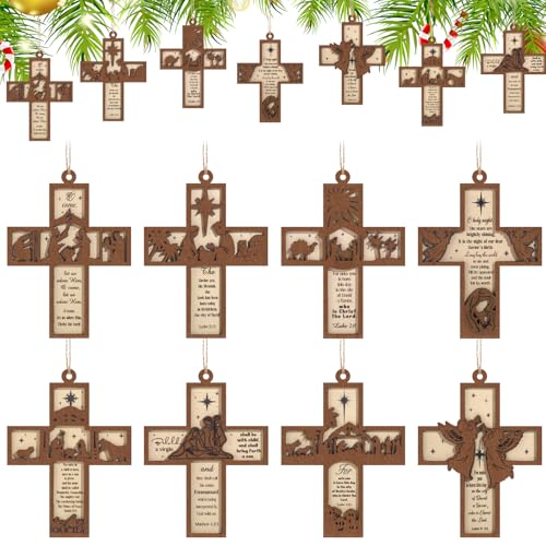 Seeloowy 24 Pcs Christmas Wooden Nativity Scene Cross Ornaments for Tree
