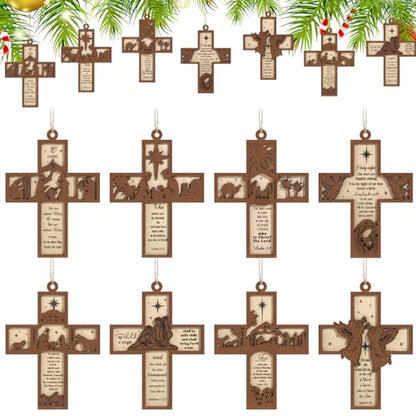 Seeloowy 24 Pcs Christmas Wooden Nativity Scene Cross Ornaments for Tree