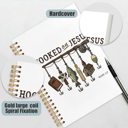 Christian Fishing Spiral Notebook Journal 5.5x8.3in, Faith Journal for Men, Hooked on Jesus Angler Religious Scripture Hardcover Notebook for Church Study Work Office - color: Hooked on Jesus Angler Religious