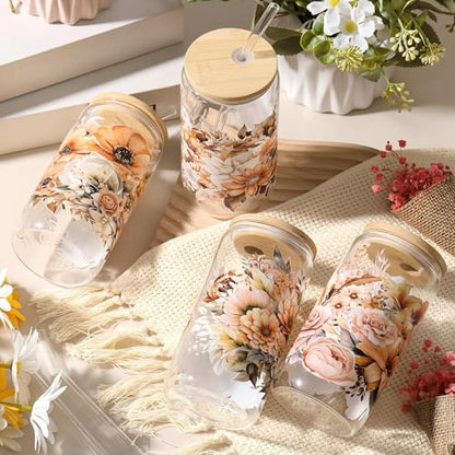 Mumufy 4 Pack Fall Flower Glass Cup, 16 oz Tumbler Mug with Bamboo Lid - style: Fall Flower