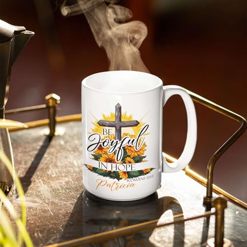 Customized Christian Mug With Name, Be Joyful In Hope Accent Cup, Custom Sunflower And Cross Design Mug, Personalized Religious Ceramic Cup, Christian Themed Mug 11oz Or 15oz - color: TRI-1223-1144-BE JOYFUL IN HOPE MUG
