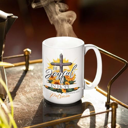 Customized Christian Mug With Name, Be Joyful In Hope Accent Cup, Custom Sunflower And Cross Design Mug, Personalized Religious Ceramic Cup, Christian Themed Mug 11oz Or 15oz - color: TRI-1223-1144-BE JOYFUL IN HOPE MUG