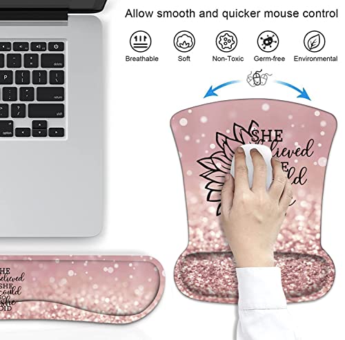 Mouse Pad Wrist Support and Keyboard Wrist Rest Set with Coasters, She Believed She Could So She Did Inspirational Quote Wrist Mouse Pad with Non-Slip PU Base for Home Office Working Studying - color: She Believed She Could So She Did Inspirational Quote