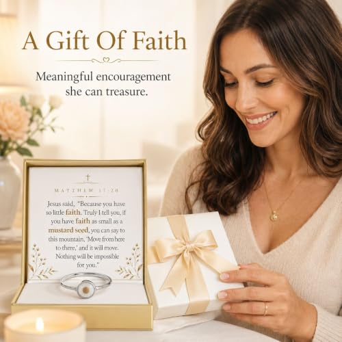 Mustard Seed Ring for Women Christian Faith Jewelry Silver Tone Adjustable Open Ring Inspirational Bible Verse Gift with Message Card - color: A5:size10