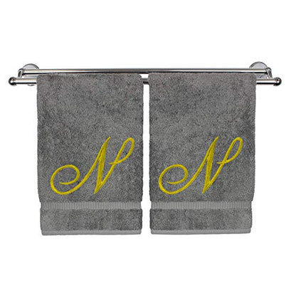 Monogrammed Hand Towel, Personalized Gift, 16 x 30 Inches - Set of 2 - Gold Embroidered Towel - Extra Absorbent 100% Turkish Cotton - Soft Terry Finish - for Bathroom, Kitchen and Spa - Script N Gray - color: Gold on Gray, style: Initial N