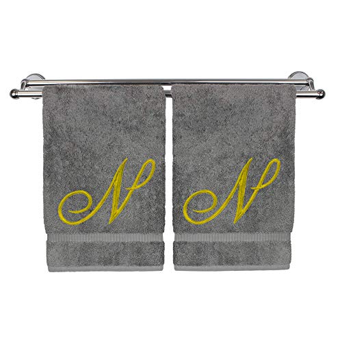 Monogrammed Hand Towel, Personalized Gift, 16 x 30 Inches - Set of 2 - Gold Embroidered Towel - Extra Absorbent 100% Turkish Cotton - Soft Terry Finish - for Bathroom, Kitchen and Spa - Script N Gray - color: Gold on Gray, style: Initial N