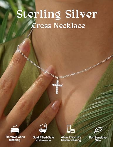 JeryWe 925 Sterling Silver Cross Necklace for Women Dainty Gold/White Gold Plated Necklace for Women Non Tarnish Cubic Zircon Cross Pendant Necklaces Christian Baptism Religious Faith Jewelry Gift - color: White Gold Plated
