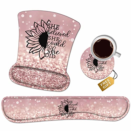 Mouse Pad Wrist Support and Keyboard Wrist Rest Set with Coasters, She Believed She Could So She Did Inspirational Quote Wrist Mouse Pad with Non-Slip PU Base for Home Office Working Studying - color: She Believed She Could So She Did Inspirational Quote