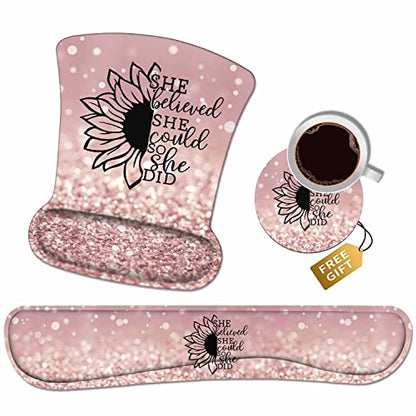 Mouse Pad Wrist Support and Keyboard Wrist Rest Set with Coasters, She Believed She Could So She Did Inspirational Quote Wrist Mouse Pad with Non-Slip PU Base for Home Office Working Studying - color: She Believed She Could So She Did Inspirational Quote