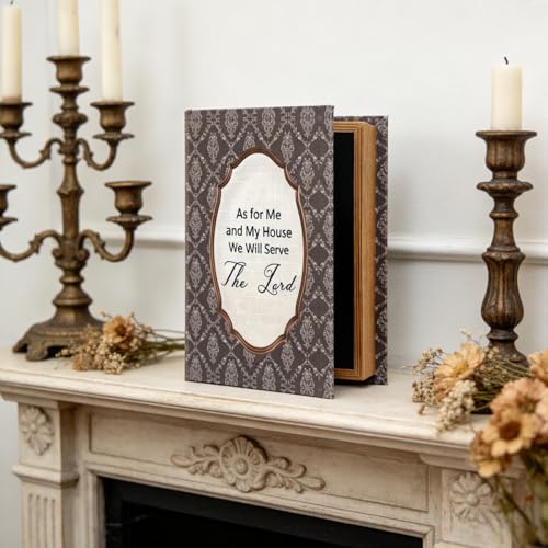 As for Me and My House Wooden Book Box - Inspirational Bible Verse Printed on Fabric Cover, Hollow Book Storage for Christian Home Decor, Wedding & Housewarming Gift, Mantel or Shelf Keepsake Box - color: As for Me and My House, size: 9.87"L x 6.75"W x 2.
