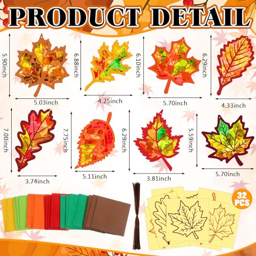 Motipuns 32 Sets Leaf Suncatcher Kits Fall Tissue Paper Stained Glass Art - style: Maple Leaf