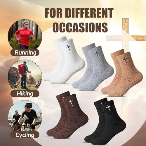 Cutecrop 5 Pairs Christian Gifts Socks Cross Print Fuzzy Socks Jesus Gifts Religious Fluffy Cozy Slipper Sock for Women Men - color: Dark Color