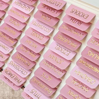 Laminated Bible Tabs for Women and Men, Gold Foil Embossed Lettering - style: Pastel Pink