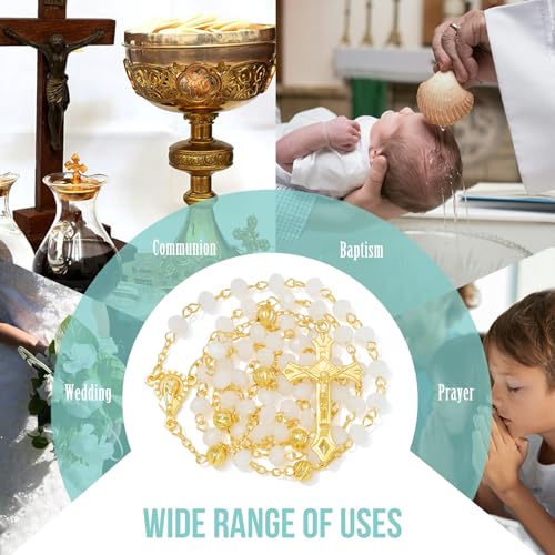 KOMI Crystal Rosary Beads with Jesus Crucifix, Catholic Necklace for Women First Communion Rosarios Wedding Rosary with Velvet Bag - style: 6MM-white