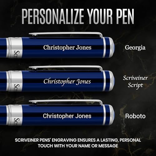 Scriveiner Personalized Midnight Blue Rollerball Pen - Stunning Blue Lacquer Luxury Pen, Chrome Finish, Schmidt Ink Refill, Best Engraved Roller Ball Gift Set for Men & Women, Custom Name Engraving - color: Midnight Blue with Chrome (Personalized)